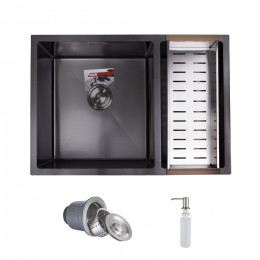 Мойка двойная до 3,2мм, 750*510мм, черная сталь + сифон, дозатор, сушка, крепления, AKS