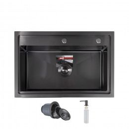 Мойка прямоугольная до 3,2 мм. 700*460 мм. черная сталь + сифон, дозатор, сушка, крепления, AKS