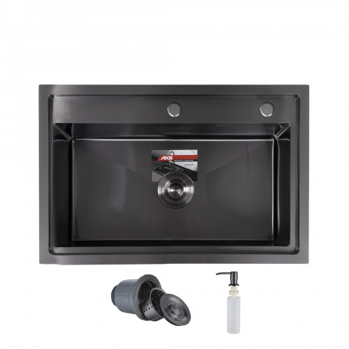 Мойка прямоугольная до 3,2 мм. 700*460 мм. черная сталь + сифон, дозатор, сушка, крепления, AKS